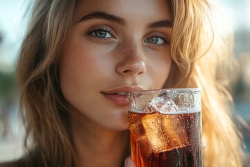 Close-up of a woman drinking soft drink cola, Generative AI