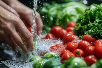 Close-up of hands of people washing vegetables with tap water at the sink to clean ingredients for a fresh salad, Generative AI