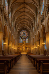 Majestätisches Kirchenschiff einer gotischen Kathedrale mit Rosettenfenster und goldverziertem Altar – Symmetrie in Licht und Stein