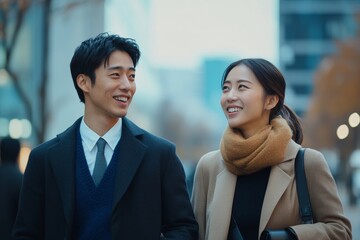 Asian businesspeople talking while walking to the office, Generative AI