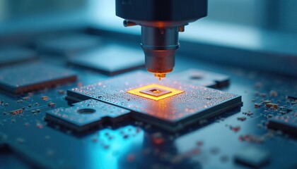 Automated semiconductor packaging process. Pick-and-place machine extracts silicon die from wafer. High-tech machinery aligns components with precision in microchip manufacturing.