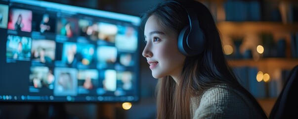 Asian young woman recording a live stream teaching a class online at home, Generative AI
