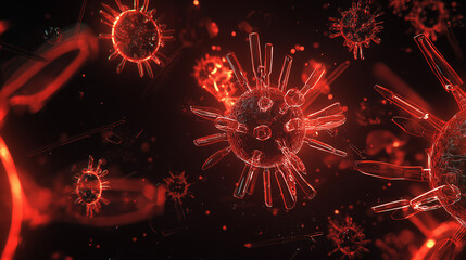 Razor blade-shaped virus particles in dark space, symbolizing the looming threat of a new COVID variant.
