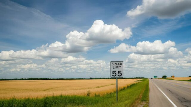 Rural road beside open field with speed limit sign and cloudy sky