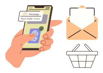 Hand holding smartphone with fingerprint scan and security message. Envelope and shopping basket icons emphasize authentication, communication, e-commerce. Ideal for digital security, shopping