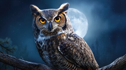 Great horned owl perched on branch at night.