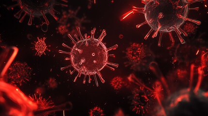 Razor blade-shaped virus particles in dark space, symbolizing the looming threat of a new COVID variant.