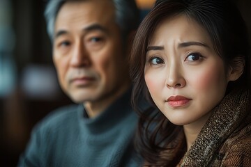 Asian couple having relationship problems. Sad wife stopping her husband from talking to her after a quarrel at home, Generative AI