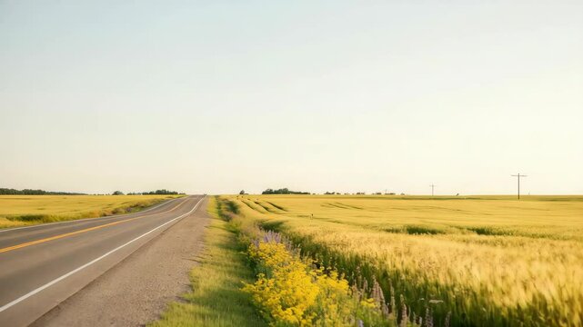 Rural road through fields, speed limit sign, and wildflowers under clear sky