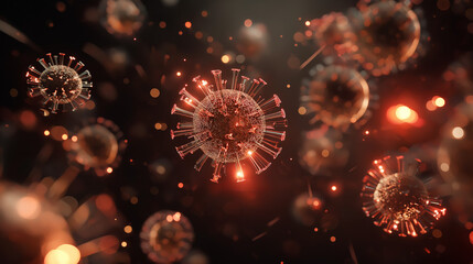 Razor blade-shaped virus particles in dark space, symbolizing the looming threat of a new COVID variant.