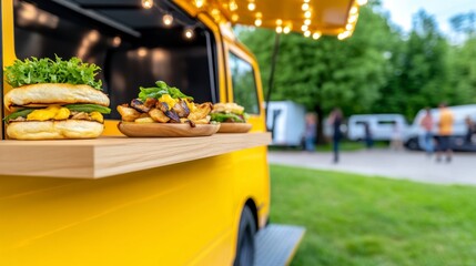 Gastronomic Adventure: A vibrant yellow food truck showcases an array of delicious gourmet burgers, tantalizing fries, all ready to serve and satisfy