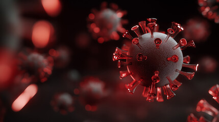 Razor blade-shaped virus particles in dark space, symbolizing the looming threat of a new COVID variant.
