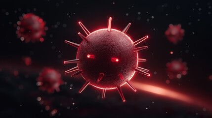 Razor blade-shaped virus particles in dark space, symbolizing the looming threat of a new COVID variant.