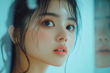 Young Asian woman looking in the mirror, worried about her facial skin and dark circles under her eyes, Generative AI