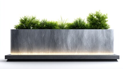Rectangular planter with greenery and subtle lighting.