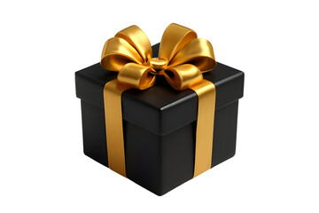 Black gift box tied with a golden ribbon on a dark background