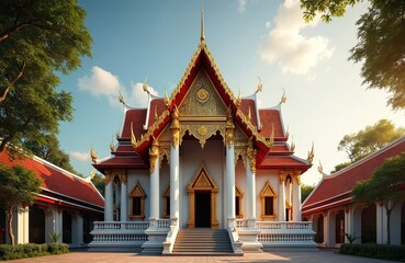 Wat Dan Samrong beautiful ancient temple in Samut Prakan Thailand. Golden ornate details, white pillars, red roofs against blue sky, clouds. Buddhism, travel, architecture. Serene place for