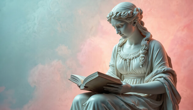 Classical statue of goddess reading ancient book. Timeless portrayal of wisdom, knowledge. Ideal for education, libraries, literary events. Knowledge, learning, history, culture. Illustrates female