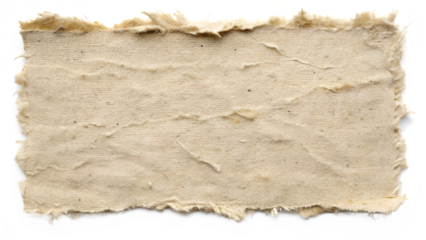 A piece of beige canvas fabric with a torn edge, isolated on transparent background