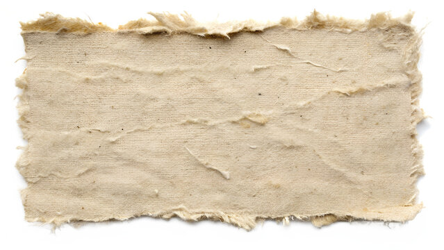 A piece of beige canvas fabric with a torn edge, isolated on transparent background