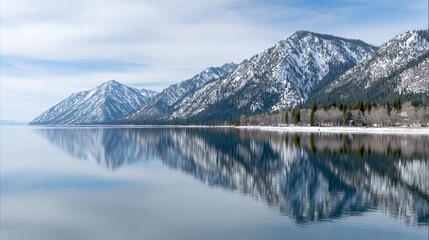 Fototapeta premium Snowy mountain lake with crystal reflections and frosted pine trees, cool blue and white winter palette, peaceful landscape, with space for text.