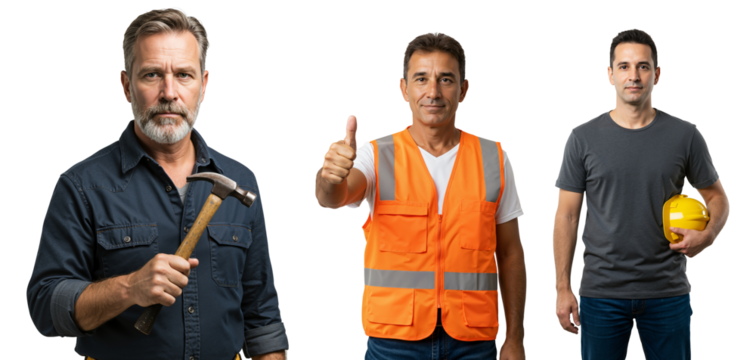 Three Male Construction Workers in Safety Gear: Mature Man with Hammer, Middle-aged Man in High-Visibility Vest, and Young Adult Holding Yellow Hard Hat Against Black Background