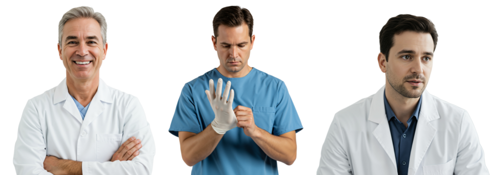 Portraits of Three Male Healthcare Professionals in Different Attire, Including a Smiling Doctor, a Focused Nurse Preparing for Procedure, and a Pensive Physician in a White Coat