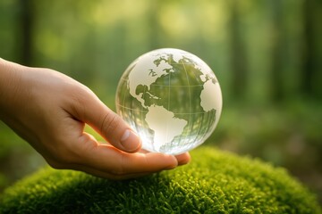 Hand Holding Transparent Earth Globe Over Lush Moss in Forest
