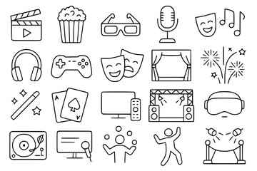 Entertainment Icons Vector Set - Fun Leisure Activity Recreation Line Art Collection