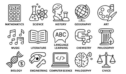 Education Subject Icons Vector Set - Academic School Course Colorful Line Art Collection