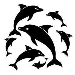 Silhouettes of playful dolphins leaping and swimming in the ocean