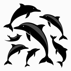 Silhouettes of playful dolphins leaping and swimming in the ocean