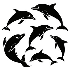 Silhouettes of playful dolphins leaping and swimming in the ocean