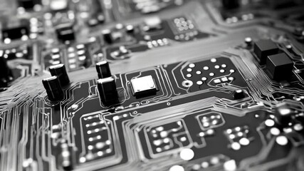 Close-up of complex circuit board with intricate traces, components, and microchips.  Detailed view of electronic motherboard - Powered by Adobe