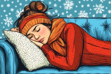Seasonal sick concept. The young woman has a common cold and sneezes on the sofa, Generative AI