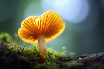 A vibrant, illuminated mushroom stands amidst moss.