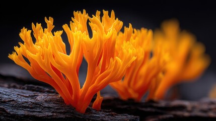 Close-up view of vibrant orange fungi on a dark surface.