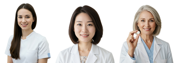 Three Professional Female Healthcare Workers Smiling Against a Black Background, Representing Diverse Age Groups and Expertise in Medicine
