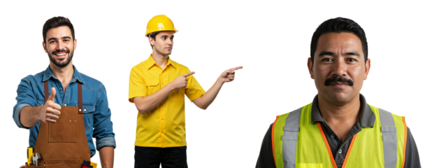 Three Male Construction Workers in Safety and Casual Attire, Smiling and Pointing, Set Against a Black Background