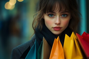 Young woman holding many shopping bags, isolated on the background, Generative AI