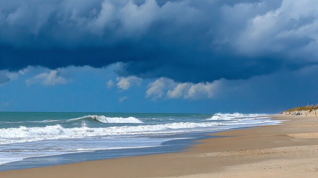 Dramatic storm clouds over ocean waves and sandy beaches, deep blue and gray tones, moody seascape, background with space for text.