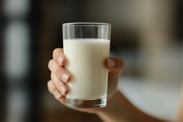 Young Asian woman holding a glass of milk in the kitchen, Generative AI