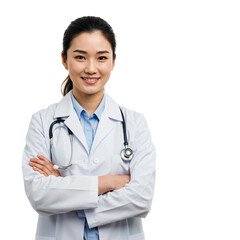 Portrait of a Confident Asian Female Doctor in a White Coat with Stethoscope, Smiling and Standing, Representing Healthcare Professionals and Medical Expertise
