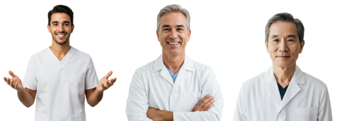 Three Male Medical Professionals in White Lab Coats Presenting Friendly Expressions Against a Black Background, Diverse Ages Reflecting Experience and Approachability