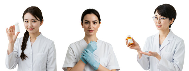 Three Female Pharmacists of Asian Descent Displaying Prescription Bottles and Wearing Medical Attire with a Neutral Background