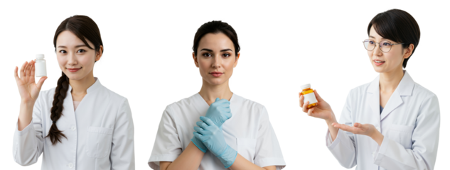 Three Female Pharmacists of Asian Descent Displaying Prescription Bottles and Wearing Medical Attire with a Neutral Background