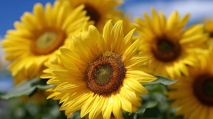 Fototapeta premium Sunflowers in full bloom under clear blue sky, vibrant yellow and green tones, cheerful summer mood, background, with space for text.
