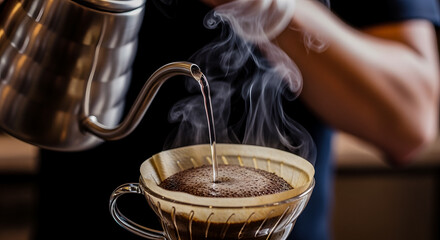 Close-up of a gooseneck kettle spout pouring hot water