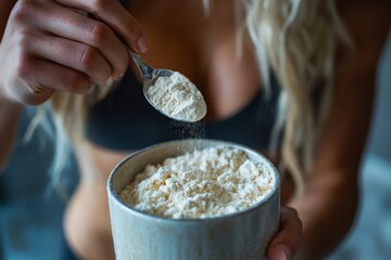 Close-up of a spoon while a young sporty woman pours protein powder into a cup to make a replacement food meal after a workout, Generative AI