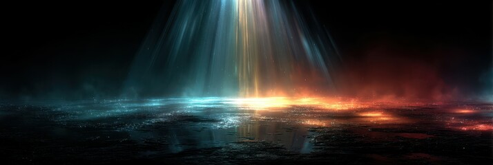 Mystical light rays pierce through darkness illuminating a reflective surface while colors blend in a dramatic display